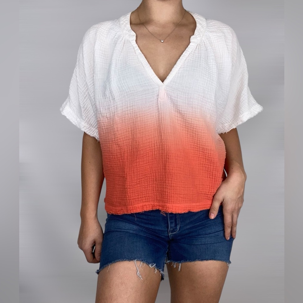 YOUNG FABULOUS & BROKE Oversized Ombré V Neck Short‎ Sleeve Blouse Top Relaxed
